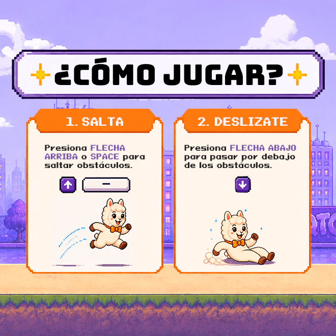 ¿Cómo jugar? 1. Salta: presiona flecha arriba o espacio para saltar obstáculos. 2. Deslízate: presiona flecha abajo para pasar por debajo de los obstáculos.